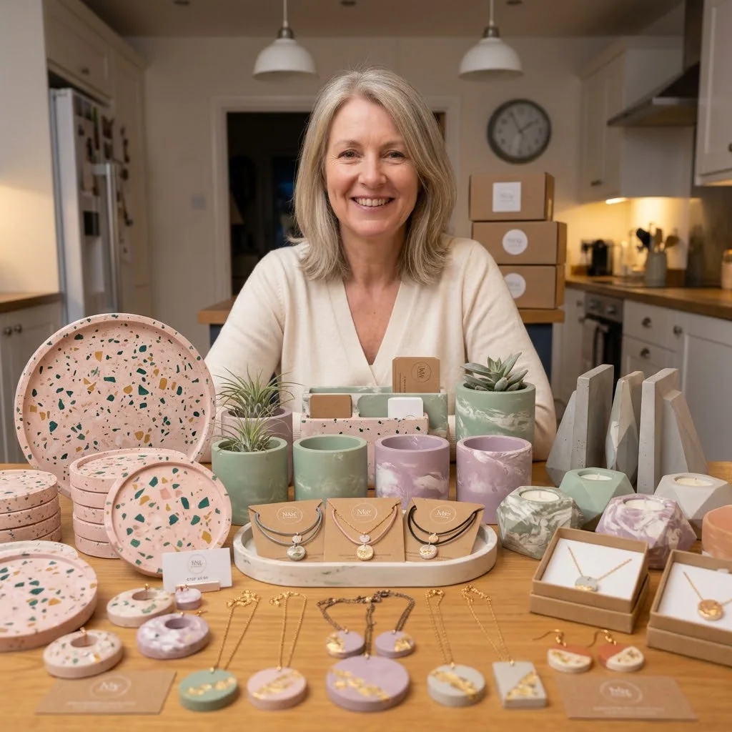 Lucy with her handmade jesmonite pieces